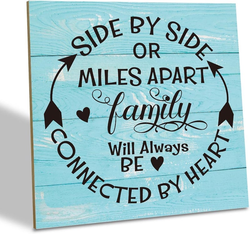 SUSZDOU Family Sign, “Side by Side or Miles Apart, Family Will Always Be Connected by Heart”, Wooden Plaque Table Art Sign 6.2x6.2 Inch, Farmhouse Room Decor, Long Distance Gift for Loved Ones E - Image 1